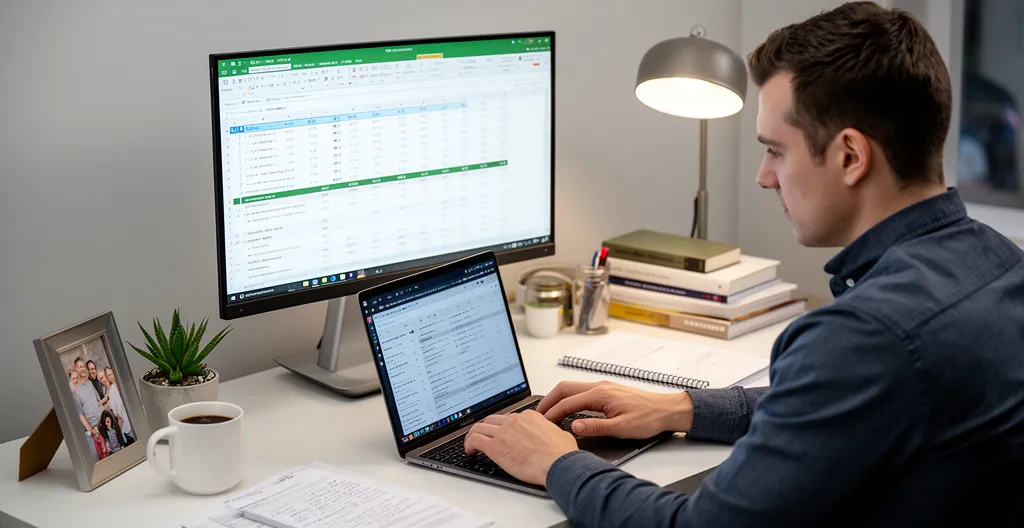 Operations manager reviewing commission data on laptop with external monitor