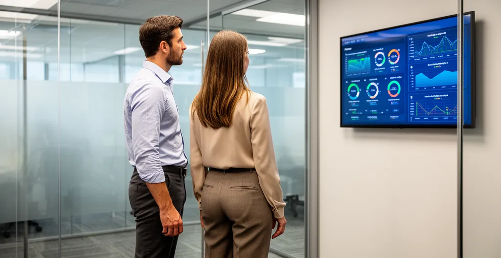 Two sales professionals reviewing pipeline metrics on wall-mounted display